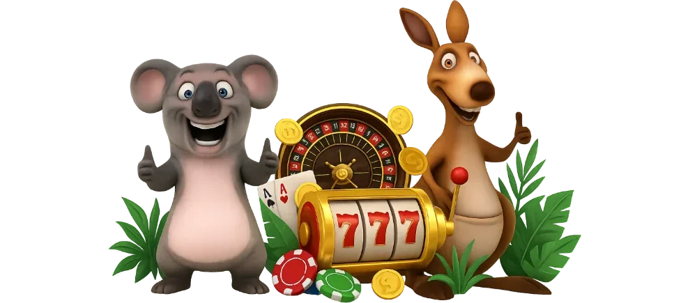 Kev the koala and his kangaroo mate surrounded by pokies, roulette and casino chips